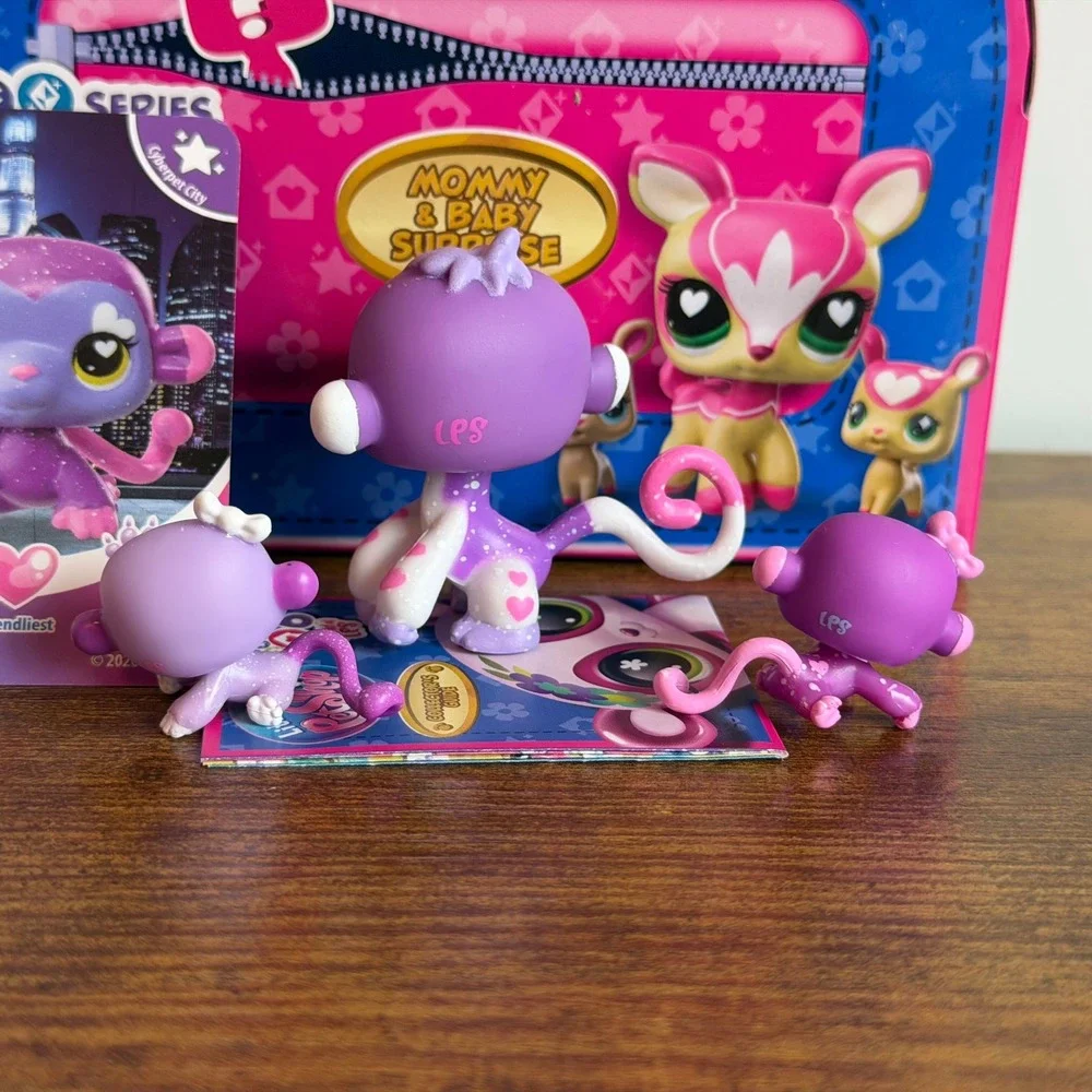 New Littlest Pet Shop LPS 498 Mommy Baby Purple Monkey Set Babies Twins Cute